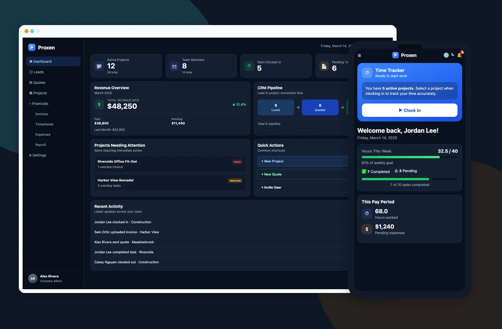 ProXen.pro dashboard and mobile time tracker with sample demo data